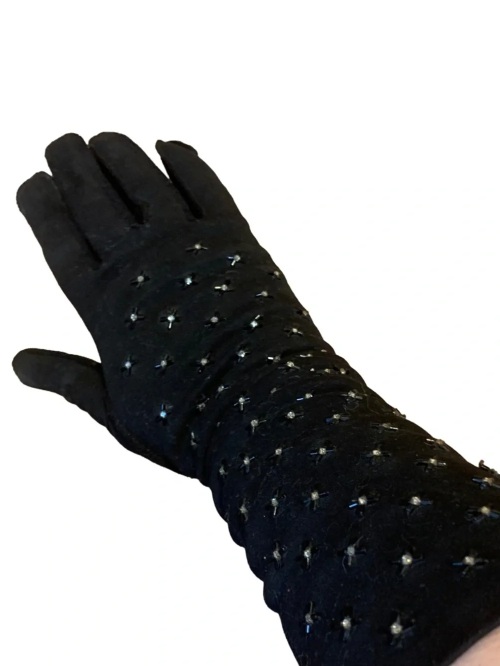 VINTAGE 1980'S CRESCENDOE BLACK SUEDE W/STRETCH RHINESTONE LONG EVENING GLOVES